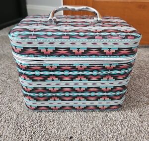 Southwestern Pattern Train Case Cosmetic Bag - Black, Teal, Coral